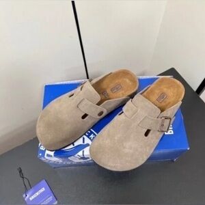 Birkenstock Boston Clogs Suede Leather Taupe